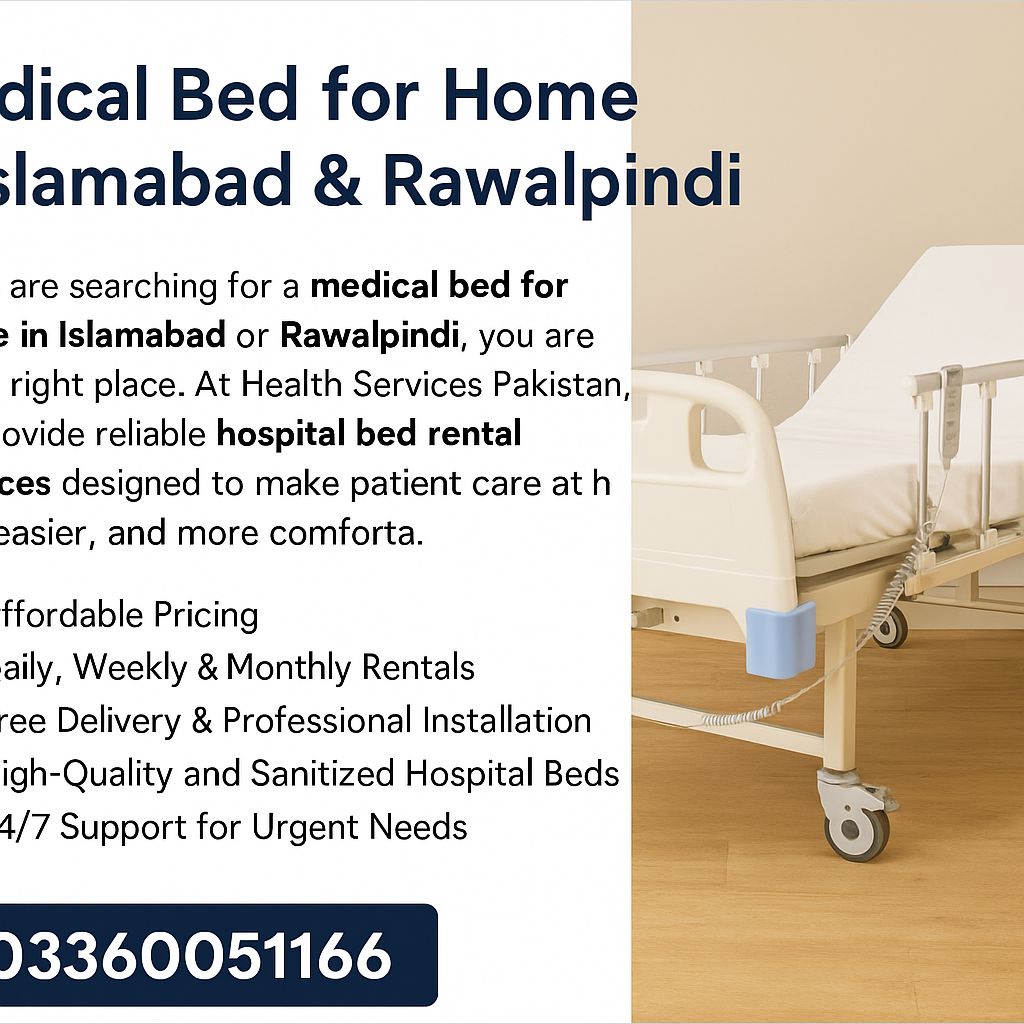 Adjustable hospital bed for home care rental with side rails and remote in Islamabad by HealthServices.pk